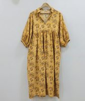 Robe de bureau traditionnelle indienne, faite à la main, teinte par nouage, 100 % coton, col en V, écologique, respirante, à manches bouffantes et motif floral
