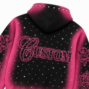 Custom Pink Black Rhinestone <b>Zip</b> <b>Hoodie</b> <b>Y2K</b> Angel Rose Graphic Washed Distressed Oversized Streetwear Acid Wash 100% Cotton - Product Image 4