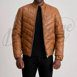 Blouson Homme Marron Tan en Similicuir Matelassé Style Bomber Col Montant Coupe Slim Décontracté Motard - Product Image 1