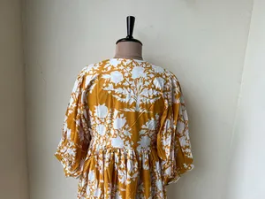 Women's Yellow Floral Block Print Puff Sleeve Midi <b>Dress</b> Tie-Neck <b>Loose</b> Fit Casual Summer <b>Dress</b> With Ruffle Hem - Product Image 2