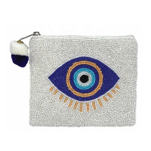 Mini porte-monnaie œil porte-bonheur perlé à la main en tissu de coton avec fermeture éclair, pochette multifonctionnelle pour clés et cartes, cadeau pour femme - Product Image 2