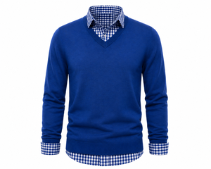 Pull en maille décontracté à col en V superposé pour homme avec col chemise, fabricant OEM ODM, 100 % coton, anti-boulochage - Product Image 1