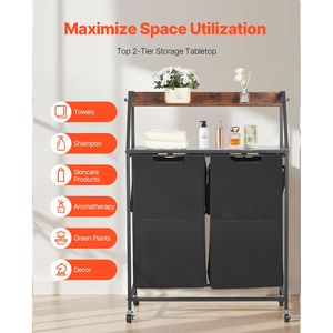 Cesto Portabiancheria a 2 Livelli con Struttura in Metallo e Piano in Legno, Organizzatore con 2 Sezioni e Ruote, in Tessuto di Bambù per Vestiti - Product Image 6
