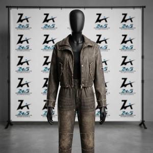 Survêtement vintage délavé à l'acide, coupe longue, col rabattu, fermeture à cordon, streetwear d'hiver, couleur unie, en cuir – Prix de gros - Product Image 1