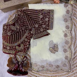 Sari en satin doux de qualité supérieure avec broderies de sequins et de zari, et blouse de créateur entièrement cousue, prix de gros par Royal Export - Product Image 5