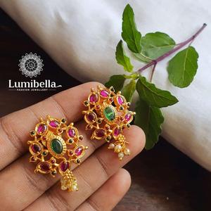 Vintage South Indian Gold Earrings with Pearl and Diamond Bezel Setting - Product Image 1
