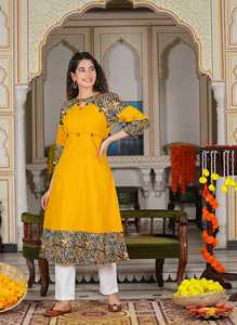 Womens Mustard Cotton Blend Kalamkari Printed A Line Kurta Kantha Work Keyhole Neck <b>Three</b> Fourth Sleeves Designed Global Wear - Product Image 6