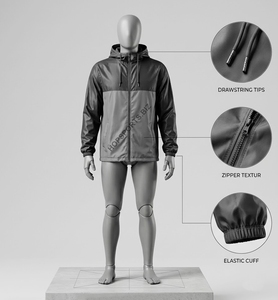 Fabricant et fournisseur de vestes coupe-vent personnalisées, veste coupe-vent à capuche pour homme, revêtement PU, fermeture éclair, poignets élastiques, décontractée - Product Image 3