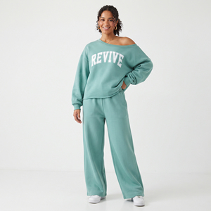 <b>Women</b> Off Shoulder Printing Tracksuit Set Loose Fit Sweatshirt <b>Joggers</b> Full Sleeve Letter Print 100% Cotton Casual Autumn Wear - Product Image 1