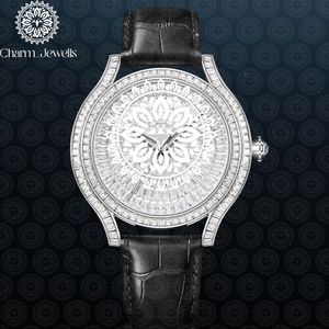 Reloj Unisex de Lujo Charm_Jewells, Caja Redonda de Acero Inoxidable de 40 mm, Cuarzo Analógico, Bisel con Diamantes, Correa de Cuero, Diseño Hueco - Product Image 1