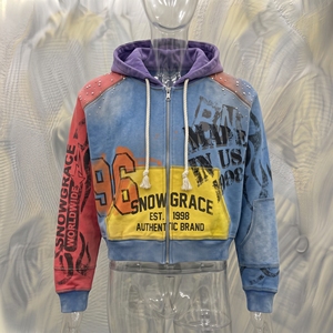 Sweat-shirt à capuche zippé Snowgrace en molleton bouclette coupe courte imprimé devant unisexe streetwear automne 100% coton manches raglan - Product Image 4