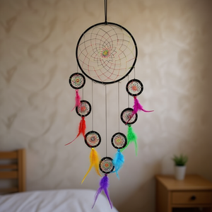 Acchiappasogni colorato 18x70 cm con piume e perline, decorazione da appendere alla parete per la casa e la camera da letto - Product Image 2