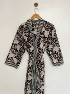 Bata Kimono de Algodón 100% Tejido Suave y Transpirable con Estampado de Bloques y Dibujos Animados Naaz para Mujer, Camisón de Verano Hecho a Mano con Cuello en V, ODM - Product Image 3