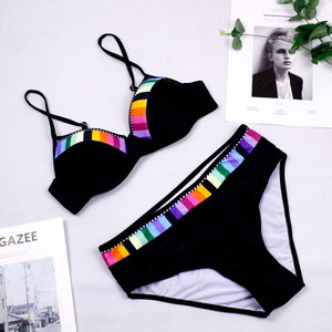 Women's Olive Green Bikini Set With <b>Rainbow</b> Stripe Contrast Binding Underwire Bra And Hipster Bottoms Stretch Spandex Nylon - Product Image 5