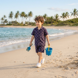 Ensemble élégant fait main pour enfant, 2 pièces, short et chemise, couleur violette, avec motifs imprimés à la main, pour garçons de 2 à 10 ans. - Product Image 2