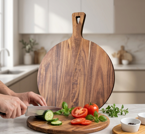 Tabla de cortar redonda de madera de acacia con asa (redonda, 1.5 cm de grosor), tabla para pizza, 100% ecológica, bloque de corte para cocina. - Product Image 3