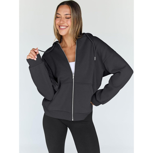 <b>Women's</b> <b>Dark</b> <b>Grey</b> Solid Fleece Full-Zip Long Sleeve <b>Hoodie</b> with Embroidery and Front Logo - Product Image 2