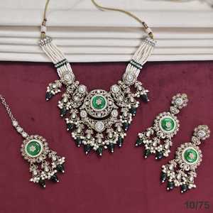Luxury Oxidised Pearl Beaded <b>Necklace</b> Set with Aqua <b>Blue</b> Stones Designer Bridal Party Wear Jewelry Set with Earrings for women - Product Image 6