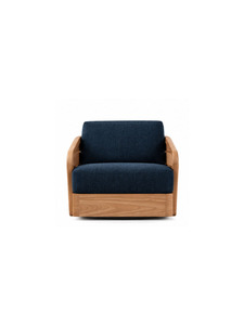 Fauteuil moderne en bois massif avec revêtement en tissu bleu marine, design mi-siècle pour salon et mobilier de détente - Product Image 1