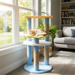 Arbre à chat bleu de 29 pouces avec 4 niveaux, poteaux à gratter en jute et dispositif anti-basculement pour chatons et adultes - Design Lune et Étoile - Product Image 3