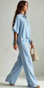 Ensemble deux pièces pour femmes, bleu clair uni, col rabattu, haut boutonné, pantalon large, tenue d'été décontractée - Product Image 2