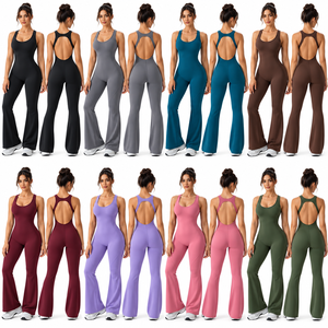 Mono de yoga acampanado personalizado para mujer, sin mangas, con espalda abierta, de alta elasticidad, de una pieza, para gimnasio y entrenamiento, OEM, marca privada, fitness - Product Image 2