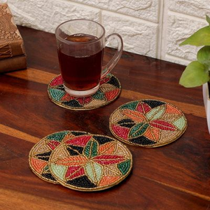 Handcrafted Multicolor <b>Beaded</b> Buddhist Style Kitchen Use Traditional Indian Seed Beads Embroidered <b>Coaster</b> Set - Product Image 3