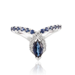 14K <b>White</b> <b>Gold</b> Blue <b>Sapphire</b> Chevron Wishbone Wedding <b>Ring</b> for Women - Product Image 2