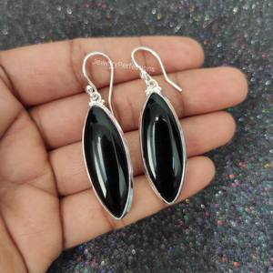 Stylish 925 Sterling Silver Bohemian Style Black <b>Onyx</b> Long Dangle <b>Earrings</b> Women's Marquise Shape Wedding Party Jewelry - Product Image 2