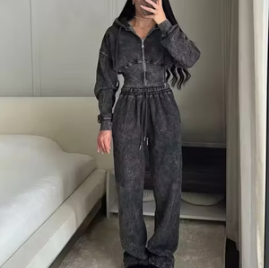 Custom Streetwear Wholesale Heavyweight French Terry Acid Wash Tracksuit Women 2 Piece Set Vintage Cinched Waist <b>Crop</b> <b>Zip</b> <b>Up</b> - Product Image 2