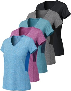 Camiseta de Mujer con Cuello en V, Manga Corta, Bloques de Color, Tejido de Punto, Secado Rápido, Corte Regular, Estilo Deportivo para Primavera/Verano, OEM ODM - Product Image 1