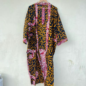 Bata Kimono de Algodón 100% Tejido con Estampado de Dibujos Animados para Mujer, Camisón de Verano Hecho a Mano, Cuello en V, Cintura Elástica, Largo Completo, Suave - Product Image 1