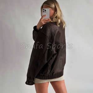 <b>Women's</b> Winter Oversize Vintage <b>Bomber</b> Sheep Skin Leather <b>Jacket</b> Knitted Breathable <b>Lightweight</b> Casual Leather <b>Jackets</b> - Product Image 4