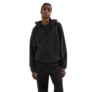 Sweat-shirt en molleton à capuche surdimensionné pour femme, fermeture éclair, noir uni, coupe ample classique - Product Image 5