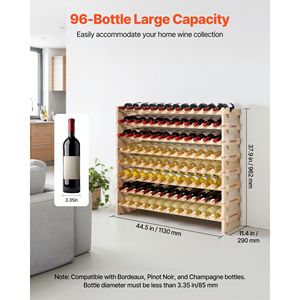 Casier à vin autoportant en bois massif à 8 niveaux, capacité 96 bouteilles, solution de rangement modulaire empilable pour Pinot Noir - Product Image 2