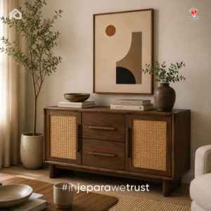 Buffet en bois massif avec portes en rotin naturel, meuble de salon pour hôtel, villa, complexe hôtelier, projet d'aménagement intérieur - Product Image 1