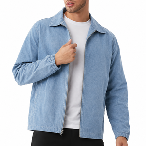 Veste en jean bleu clair zippée pour homme, col rabattu, manches longues, coupe décontractée, légère, streetwear, vêtement d'extérieur pour le printemps - Product Image 1