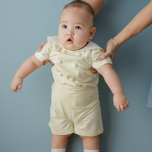 Prêt à expédier bébé garçon enfant en bas âge ensemble formel 2 pièces de coton de qualité 6 mois 4 ans jaune combinaison courte Machine broderie-Ami - Product Image 4