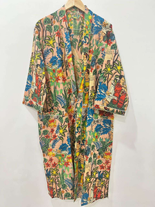 Bata Kimono con Estampado Floral para Mujer, Manga Larga, Largo Completo, Ropa de Dormir Informal, 100% Algodón, Ropa de Verano - Product Image 2