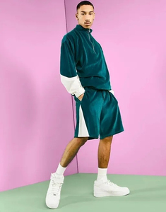<b>Men's</b> Casual Summer Two-Piece Set Breathable Velvet Stand Neck Long Sleeve Half Zip Sweatshirt Drawstring Side Pockets Shorts - Product Image 6