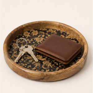 Bandeja Redonda de Madera de Mango Hecha a Mano con Estampado de Paisley Dorado en Esmalte, Bandeja Decorativa para Mesa de Centro, Decoración del Hogar - Product Image 4