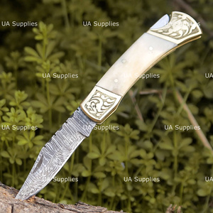 Custom Handmade Hunting Damascus Steel Straight Back Lock Folding <b>Knife</b> Leather Sheath Camel <b>Bone</b> <b>Handle</b> Brass Engraved Accents - Product Image 3
