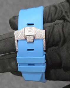 Montres en quartz personnalisées, luxe, cadran serti de diamants, chronographe analogique, montre unisexe, bracelet en caoutchouc bleu - Product Image 4