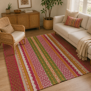 Tapis en chanvre tissé à la main, style Sindhi, coloré, tissage plat bohème, tapis ethnique vintage pour la décoration de la maison - Product Image 1