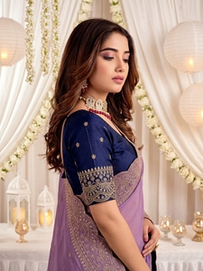 AARA Fashion <b>Purple</b> Traditional <b>Saree</b> Navy Blue Blouse for Women Wedding Wear Sun Protection Polyester Material Floor Length - Product Image 4