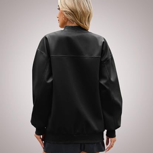 <b>Women</b>’s Oversized Faux Leather Bomber <b>Jacket</b>, Loose-Fit <b>Zip</b>-<b>Up</b> <b>Jacket</b>, Casual Fall Fashion Outerwear for Everyday Wear - Product Image 4