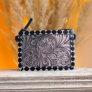 Western Stylish Hand Tooled Slim Card <b>Wallet</b> Genuine Leather With Florals Carved Mini <b>RFID</b> <b>Blocking</b> Card Case Holder Zip Closure - Product Image 1