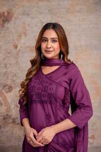 Conjunto de traje Salwar morado de algodón hasta la rodilla con bordado y dupatta, ropa étnica tradicional para mujer, estilo informal de India y Pakistán - Product Image 5