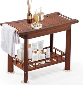 Banc de salle de bain moderne en teck avec étagère de rangement - Product Image 1