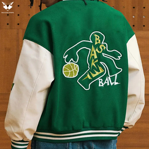 Dark Green Varsity <b>Jacket</b> <b>Men</b> Letter Embroidery Streetwear Bomber <b>Jacket</b> <b>White</b> Sleeve Loose Fit Sporty Baseball Uniform - Product Image 3
